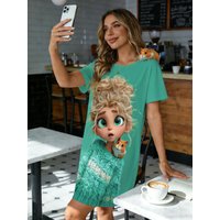 Women Nightdress Round Neck Short Sleeve Spring Summer Cute Girl & Hamster Print