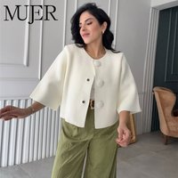 MUJER Knit Cropped Cardigan Woman Summer Knitwear Fashion Polo Button Short Sweaters for Women Wide Sleeve Crop Knit Top Female
