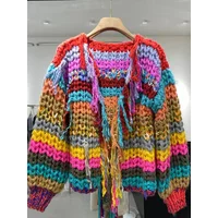 Rainbow Color Tassel Front Chunky Knit Cardigan 2024 Winter Women Handmade Sweater Niche Design Knitwear Outfit