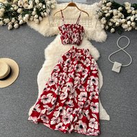 YuooMuoo femmes robe ensemble 2025 nouvelles vacances d'été mode imprimé fleuri bretelles haut court + jupes longues tenues plage 2 pièces costumes