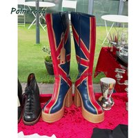 Union Jack Platform Fashion Boots Round Toe Thick Sole Mixed Colors Pull On Spicy Girl Knee High Boots Street Style 2025 Trend