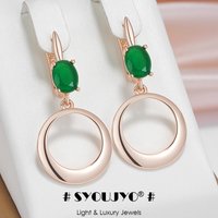 SYOUJYO Green Natural Zirconia Round Pendant Earrings for Women 585 Rose Gold Color Long Earrings Party Gift