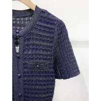 Women Diamond Embellished Sparkling Knitted Dress Hollow Out Elegant Female O-Neck Navy Blue Single Breasted Knit Midi Robe
