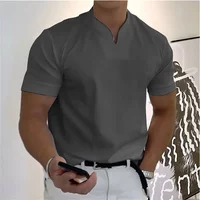 2025 Summer New Men Fashion Trend T-shirt Short Sleeve V-neck Top Elastic Cotton Fitness Sports Loose Large Size Clothing
