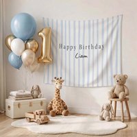 1pc Custom Boy First Birthday Backdrop, Personalized Striped Happy Birthday Party Banner for Baby Liam