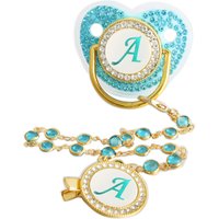 Initial Letters Bling Baby Pacifier With Green Gold Gem Diamond Chain Clip
