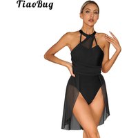 Women Sleeveless Ballet Dance Dress Sheer Mesh Moden Contemporary Lyrical Dance Clothes Stage Performance Dancewear