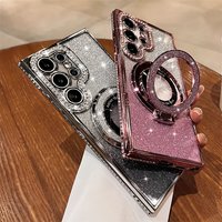 Glitter Gradient Rhinestone Magnetic Mirror Stand Phone Case Suitable forS25、S24 Ultra、S23、S22 Plus FE A55 A35 A16 A56 Girls,