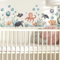 Watercolor Cartoon Ocean Fish Animal Wall Sticker Living Room Bedroom Sea Life Beach Landscape Wall Decal Home Decor