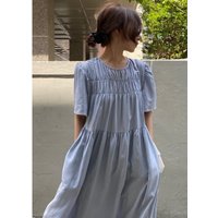 Slimming High Waist Blue Dress Women's Chic Simple round Neck Pleated Korean Style Commute Cotton Bubble Sleeve A-Line Dress