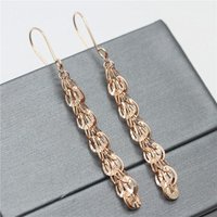 585 Purple Gold Plated 14K Rose Gold Hollow Out Long Earrings for Women New Ethnic Charm Shiny Engagement Wedding Jewelry