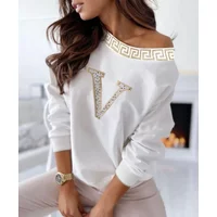 Casual Women Top Rhinestone Letter V Pattern Batwing Sleeves Loose Women Blouse Tops