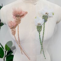 Hand-beaded heavy-duty mesh 3D rose embroidery fabric appliqué