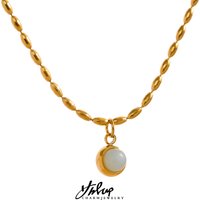 Yhpup Small Aventurine Natural Stone Pendant Stainless Steel 18k Gold Color Necklace Delicate Fashion Chic Jewelry for Women