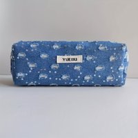 Denim Blue Pencil Case, Canvas Lining, Large Capacity Stationery Bag, Multifunctional Storage Bag, Makeup Brush Storage Bag, Romantic Stars and Moon, Gift