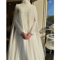 Chiffon Muslim Caftan Wedding Dresses with Cape Long Sleeve High Neck Applique Lace Customsized Bridal Gown Garment Turkey