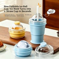 2026Portable Foldable Ice Ball Cup with Built-in Straw Food-Grade Silicone Ice Maker Mold Summer Outdoor Beverage Travel Tumbler
