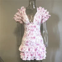 New Sweet Floral Print V-neck Ruffle Light Blue Women Mini Dress
