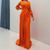 Customized A-line Evening Dresses Floor-length V-neck Full Sleeve Prom Gown Fashion Pleat Side-split Simple Draped Party Gown