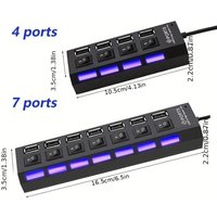 7/4Port USB2.0 Adapter with LED Light Hub with Independent Power on Off for Computers Tablets Laptops Supports Data Transmission
