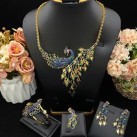 JRH Celebration African Style Gold Plated Peacock Jewelry Set for Women Zircon Bracelet Necklace Earrings Ring for Wedding