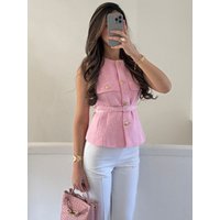 HH Summer Women Tweed Waistcoat With Belt Vintage Solid O Neck Sleeveless Front Button Vests Tops Lady High Street Outerwear