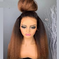 Preplucked Kinky Straight Ombre Brown Yaki Synthetic Hair Lace Frontal Wig For Women Glueless Fiber Hair Transparent Lace Wigs