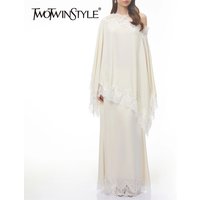 TWOTWINSTYLE Patchwork Lace Two Piece Sets for Women Diagonal Collar Long Sleeve Top High Waist Straight Skirt Loose Set Female