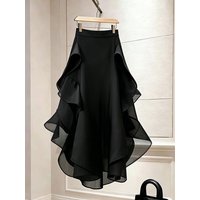 Elegant Black Asymmetrical Hem Midi Skirt Women's Fashionable Spring Summer Half-length Skirts High Waist A-line Silhouette
