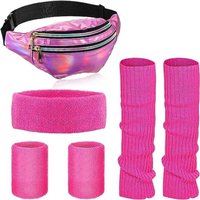 PESENAR 80s Women Workout Outfit Neon Leg Warmer Headband Wristbands Fanny Pack Set Great for Role-play and Cosplay