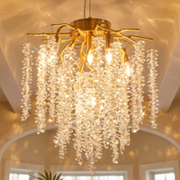 Modern Gold Crystal Chandelier, Tree Branch Adjustable Height K9 Crystal Pendant Light Fixture for Hallway Kitchen Island Dining Room Bedroom