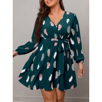 Plus Size Dark Green Feather Print V-Neck Dress, Belted Waist Lantern Sleeve Elegant Mini Dress