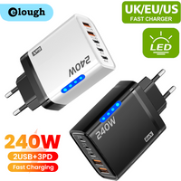 240W 5Ports 2USB+3Type C Fast Charging LED Mobile Phone Charger For Xiaomi Huawei Iphone Samsung USB C US/EU Charger Adapter