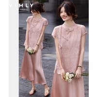 VIMLY Women Dress Set 2026 Summer New Pink Jacquard Top Cami Dress Two-Piece Set Elegant New Chinese Style Suit 31173