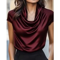 Women's Satin Cowl Neck Short Sleeve Blouse - Smooth Silk-Like Fabric Elegant Draped Neckline Top for Office & Evening Wear