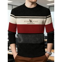 LVLAEA Old Money Style Striped Letter Embroidery Men Winter Fall Long Sleeve Round Neck Trendy Knitted Pullover for Men