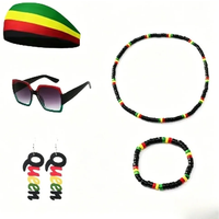 Rasta Reggae Costume Jewelry Set - Sunglasses, Beaded Necklace, Flower Headband & Knit Hat, Jamaican Party Accessories