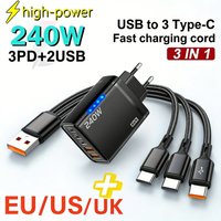 240W USB C Phone Charger Fast Charging Wall Adapters 100W 6A 3 In 1 USB-A to 3 ×Type-C Data Cables For iPhone 15 Samsung Xiaomi