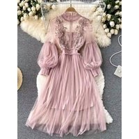 Women Dress Three-dimensional Flower Hook Mesh Summer Chic Stand Collar Lantern Sleeve High Waist Slim Female Dresses