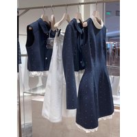 Fashionable Deep Blue Dress Set Women's Whole Suit Spring Autumn Winter Stylish Outfit Two-Piece Ensemble round Dot Pattern