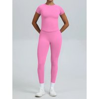 AliExpress EVERWANTED Seamless Yoga Set for Women - Round Neck Fitted Short Sleeve Top & Tights, Breathable Gym Wear for Running Cycling Outdoor Train