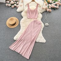 Fashionable Knitted Set Women's Summer New Hollow out Embroidery Strap Vest Wrap Hip High Waist Long Skirt Two Piece Set