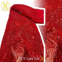 Red African Heavy Beaded Lace Fabric 2026 High-Quality French Nigerian Sequin Tulle Lace Suitable for Women's Party Dresses