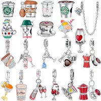 Original 925 Sterling Silver Charms Coffee Wine Cup Juice Safety Chain Beads Pendant Bracelets Necklaces Womens DIY Jewelry Gift