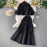 2026 Runway 2 Pieces Suit Women's Beaded Lapel Lantern Sleeve Embroidery Blouses Tops And A-Line Long Skirt Set Female Clothing