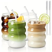 Ripple Glass Cup Set with Straw & Brush 350ml Borosilicate Glass Tumbler for Iced Coffee Milk Tea Juice Office Home Drinkware