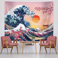 Cherry Blossom Great Wave Wall Tapestry Japanese Art Print Hanging Decor for Living Room Bedroom Dorm Aesthetic Wall Home Decor