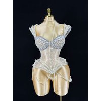 NEW GOGO White Pearl Show Girl Stage Sexy Women Nightclub Party Birthday Crop Tops Wear Singer Performance Drag Queen Costumes