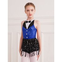 Kids Girls Latin Jazz Dance Dress Sleeveless Back Keyhole Boyshorts Shiny Sequins Tassel One-Piece Jumpsuit 80s Disco Dancewear