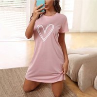 Women's Sleepdress Heart Print Short Sleeve Nightdress Comfy Sexy Homewear Dress for Lounge Daytime Chic